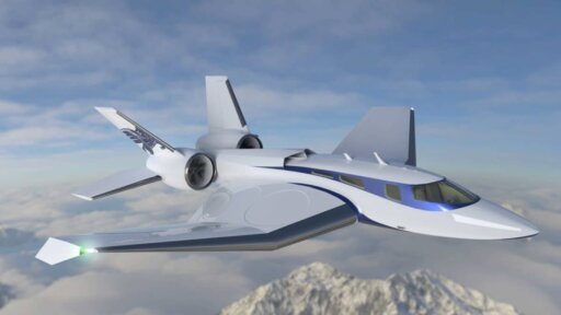 A CGI of the vertical take off jet flying above the clouds against a blue sky