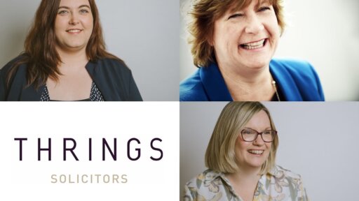 A collage featuring three of Thrings' Solicitors. Top left: Georgia Wookey, smiling, wearing a dark jacket over a patterned top. Top right: Jayne Kemsley smiling broadly, wearing a royal blue blazer. Bottom right: Emily Prout, wearing glasses and a floral blouse, smiling. The Thrings Solicitors logo is centred in the middle of the bottom left image.