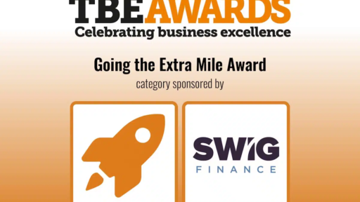 Graphic for the TBE Awards with the headline “TBE Awards – Celebrating business excellence” in black and orange text. Below, the text reads “Going the Extra Mile Award – category sponsored by SWIG Finance.” Two icons are shown: on the left, an orange rocket symbol inside a white square with an orange border; on the right, the SWIG Finance logo in purple and teal inside a white square with an orange border. The background fades from white at the top to orange at the bottom.