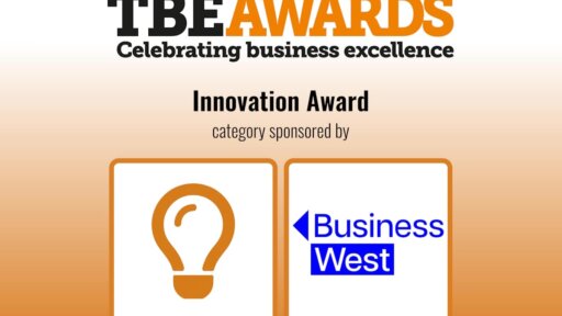 TBE Awards logo with tagline ‘Celebrating business excellence’ at the top. Below, bold text reads ‘Innovation Award’ with smaller text ‘category sponsored by’. Underneath are two square icons: the left shows an orange lightbulb symbol, and the right displays the Business West logo in blue text with a blue arrow pointing left. Background is a gradient from light to dark orange.