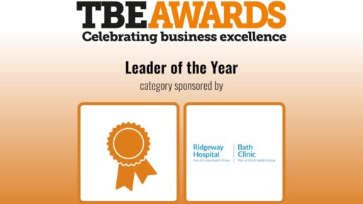 Promotional graphic for the TBE Awards 2025 featuring the 'Leader of the Year' category, sponsored by Ridgeway Hospital and Bath Clinic, part of Circle Health Group. The design includes an orange ribbon icon on the left and the hospitals’ logos on the right.