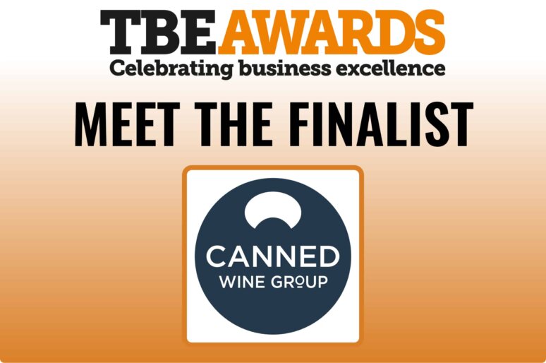 TBE Awards graphic with the tagline ‘Celebrating business excellence’ and the headline ‘Meet the Finalist’. Below, the Canned Wine Group logo appears inside a white square on an orange gradient background
