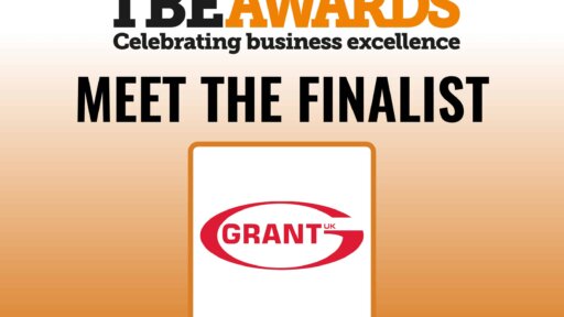 Graphic for TBE Awards with the tagline “Celebrating business excellence.” Large text reads “Meet the Finalist.” Below is a box containing the Grant UK logo, which features the word “GRANT” in bold red letters inside a red oval shape, with “UK” in smaller text to the right.