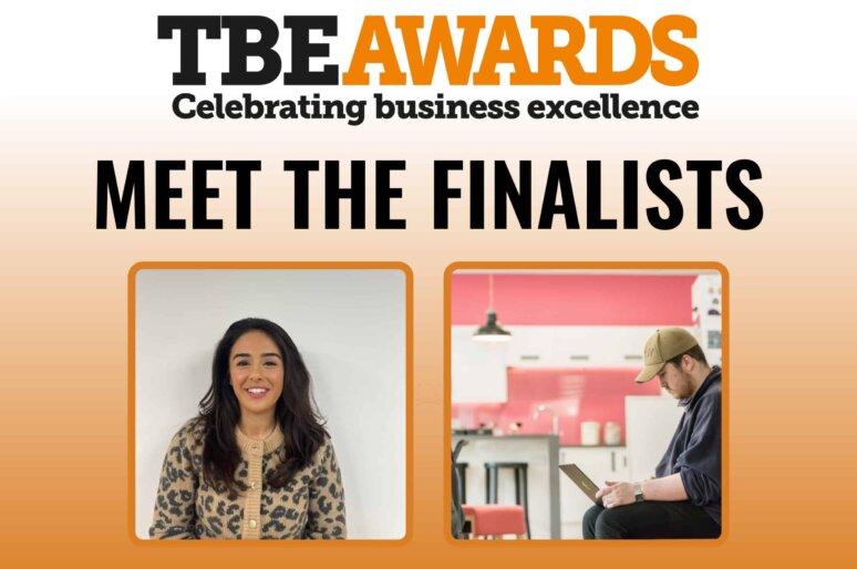 TBE Awards graphic with the tagline ‘Celebrating business excellence’ and the headline ‘Meet the Finalists’. Below, two separate framed photos: on the left, Yasemin seated wearing a patterned top; on the right, Dean seated at a table using a laptop in a modern setting with red and white background.