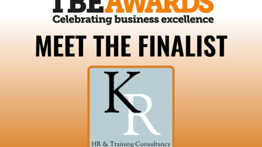 Promotional graphic for the TBE Awards featuring the headline “Meet the Finalist” and the logo of KR HR & Training Consultancy. The background fades from white to orange, with the TBE Awards tagline “Celebrating business excellence” at the top.