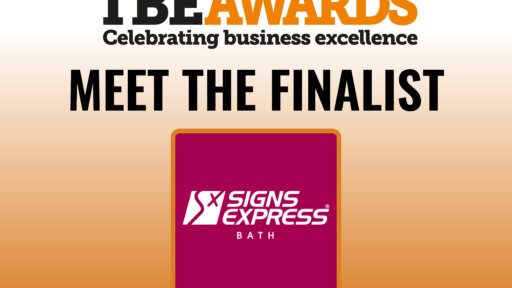 Promotional graphic for the TBE Awards. The top text reads "TBE AWARDS Celebrating business excellence." Below, in bold black letters, it says "MEET THE FINALIST." Centre of the image features a maroon square with a gold border displaying the logo and name "SIGNS EXPRESS BATH."