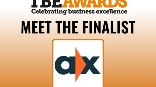 Promotional graphic for the TBE Awards. The top text reads "TBE AWARDS Celebrating business excellence." Below, in bold black letters, it says "MEET THE FINALIST." Centre of the image features the "aix" logo with the 'i' represented by an orange triangle pointing right, set against a white-to-orange gradient background.