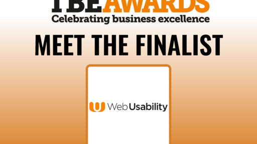 “Promotional graphic for the TBE Awards with the headline ‘Meet the Finalist’. The image features the Web Usability logo inside a white square with an orange border, set against a gradient background from white to orange. The top text reads ‘TBE Awards – Celebrating business excellence’.”