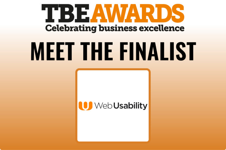 “Promotional graphic for the TBE Awards with the headline ‘Meet the Finalist’. The image features the Web Usability logo inside a white square with an orange border, set against a gradient background from white to orange. The top text reads ‘TBE Awards – Celebrating business excellence’.”