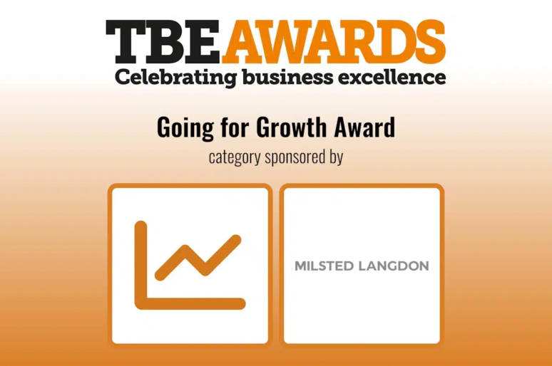 Graphic for TBE Awards featuring the text ‘TBE Awards – Celebrating business excellence’ at the top. Below, it reads ‘Going for Growth Award – category sponsored by Milsted Langdon.’ The image includes two icons: on the left, a stylized upward-trending graph, and on the right, the Milsted Langdon logo. The background has a gradient from white to orange.