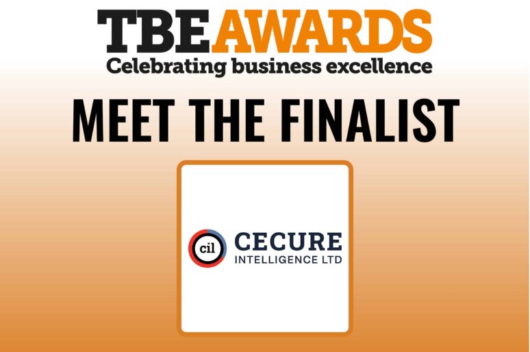 Graphic for TBE Awards with the heading ‘TBE Awards – Celebrating business excellence.’ Below, large text reads ‘Meet the Finalist.’ Centered is the Cecure Intelligence Ltd logo, featuring the letters ‘cil’ inside a red and black circle, followed by the company name in blue text. The background has a gradient from white to orange.