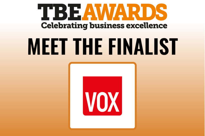 TBE Awards graphic with the tagline ‘Celebrating business excellence.’ Large text reads ‘Meet the Finalist’ above a red square logo with the word ‘VOX’ in white capital letters.