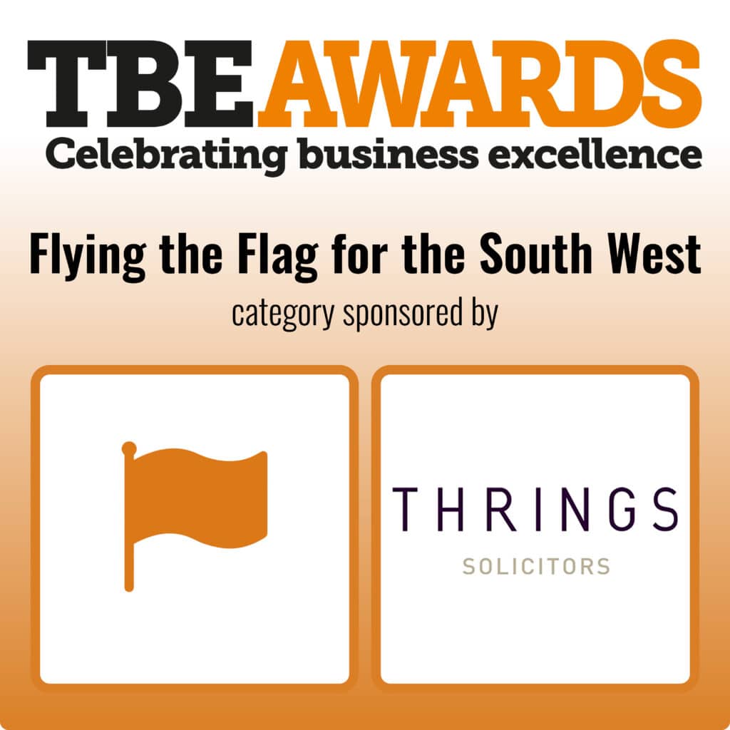 TBE Awards graphic for the category ‘Flying the Flag for the South West,’ sponsored by Thrings Solicitors. The image includes the TBE Awards logo with the tagline ‘Celebrating business excellence,’ an orange flag icon on the left, and the Thrings Solicitors logo on the right.