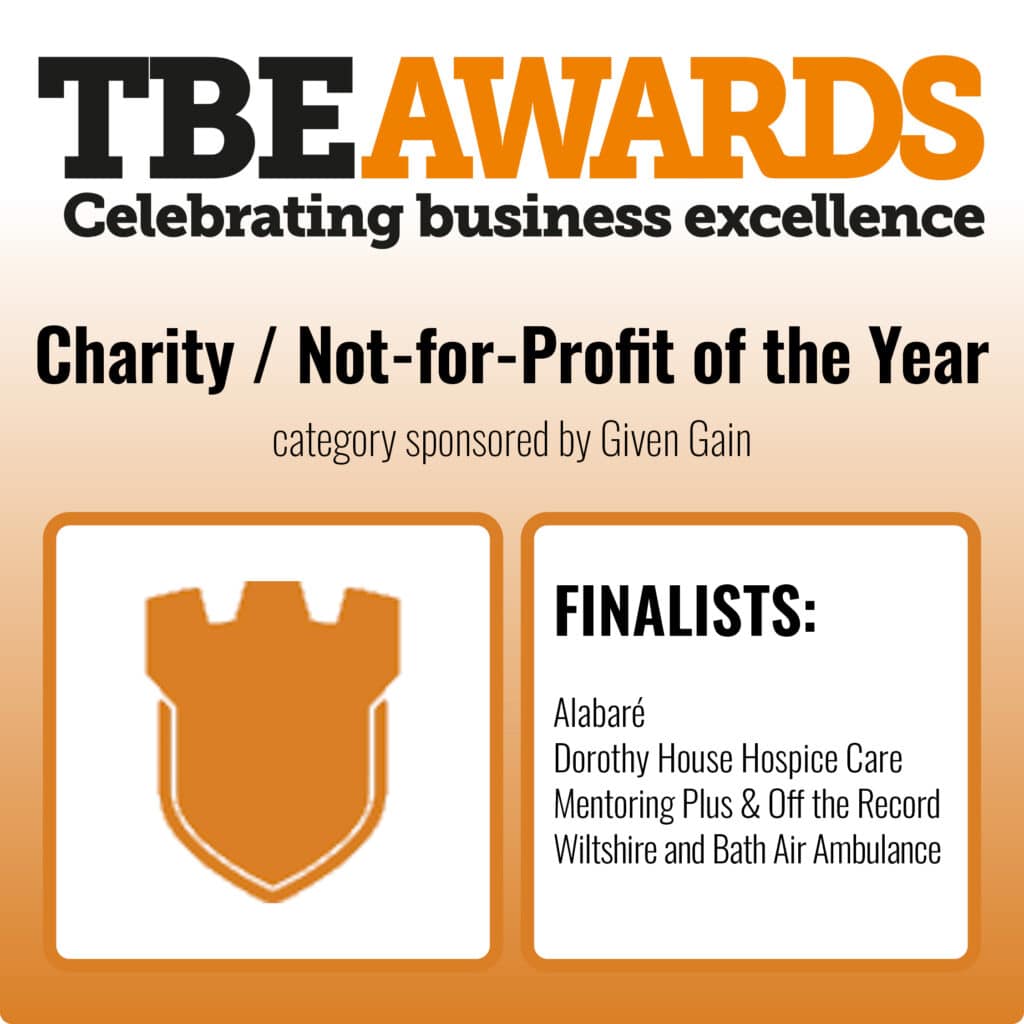 TBE Awards logo with tagline ‘Celebrating business excellence’. Below, text reads ‘Charity / Not-for-Profit of the Year – category sponsored by Given Gain’. Two boxes underneath: the left shows an orange shield icon, and the right lists finalists in bold heading ‘FINALISTS:’ followed by Alabaré, Dorothy House Hospice Care, Mentoring Plus & Off the Record, and Wiltshire and Bath Air Ambulance. Background is a gradient from light to orange.