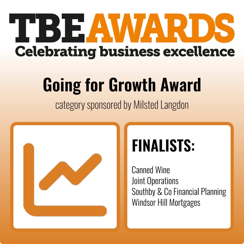 Graphic for TBE Awards with the heading ‘TBE Awards – Celebrating business excellence.’ Below, it reads ‘Going for Growth Award – category sponsored by Milsted Langdon.’ Two boxes are shown: the left contains an orange upward-trending graph icon, and the right lists finalists under the heading ‘FINALISTS:’ followed by Canned Wine, Joint Operations, Southby & Co Financial Planning, and Windsor Hill Mortgages. The background has a gradient from white to orange.
