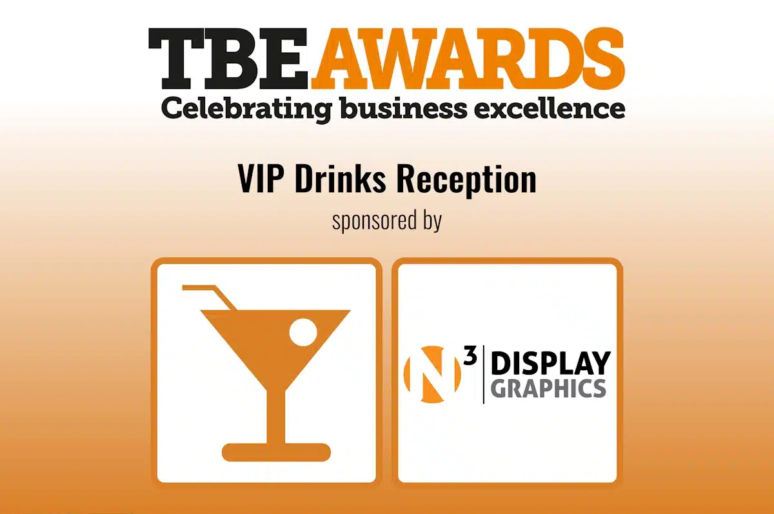 Graphic for the TBE Awards VIP Drinks Reception. The top section reads “TBE Awards – Celebrating business excellence” in black and orange text. Below, it says “VIP Drinks Reception sponsored by” in black. Underneath are two square icons: the left shows an orange martini glass with a straw and olive, and the right displays the N³ Display Graphics logo in orange and black.