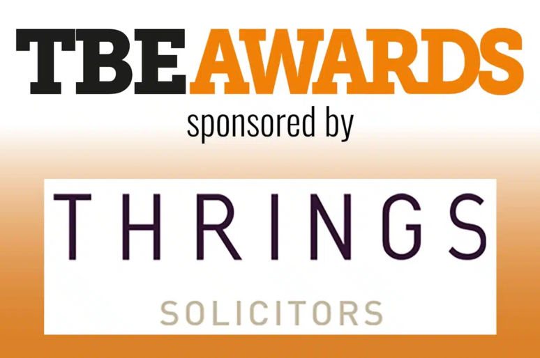 Logo for TBE Awards sponsored by Thrings Solicitors. The text ‘TBE Awards’ is in bold black and orange letters, with ‘sponsored by’ in smaller black text below. Underneath is the Thrings Solicitors logo, featuring the word ‘THRINGS’ in uppercase dark purple letters and ‘SOLICITORS’ in light grey.