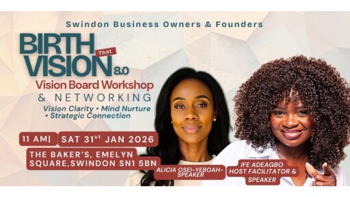 Promotional graphic for “Birth That Vision 8.0,” a vision board workshop and networking event hosted by Swindon Business Owners & Founders. The design features two women positioned on the right side of the image. Event details include: Saturday 31 January 2026 at 11am, held at The Baker’s, Emelyn Square, Swindon SN1 5BN. The workshop highlights vision clarity, mind nurture and strategic connection. The speakers listed are Alicia Osei‑Yeboah and Ife Adeagbo, who is also the host facilitator.