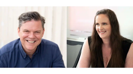 Side-by-side portraits of Peter Jones and Helen Imbusi. Peter Jones is wearing a dark blue button-up shirt and is seated against a light-colored textured background. Helen Imbusi has long brown hair, is wearing a sleeveless black top with layered necklaces, and is seated on an office chair with a light background featuring a desk and soft pink tones.