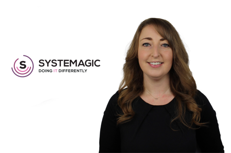 Fiona Major, Operations Director of Systemagic, standing against a white background next to the Systemagic logo.