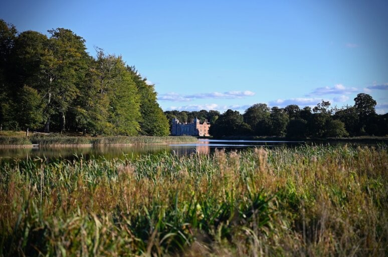 Thrings - nutrient neutrality credit bank. An image of a rural scene with a large house in the background and a river and reeds in the foreground , taken on a sunny day -probably Norfolk or Kent