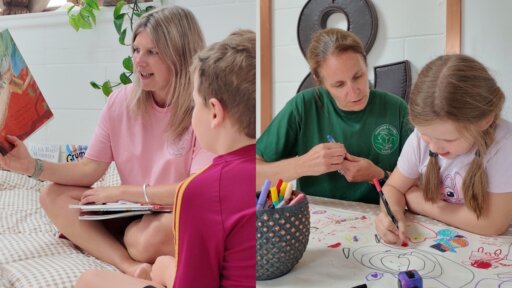A split image showing two indoor scenes. On the left, Laura sits on a cushioned floor area holding open a picture book and reading to a child who sits nearby. The space has light walls, plants and soft furnishings. On the right, Suz and a child sit at a table covered with colouring sheets and various markers. The child is drawing while the adult assists. Decorative items hang on the wall behind them.