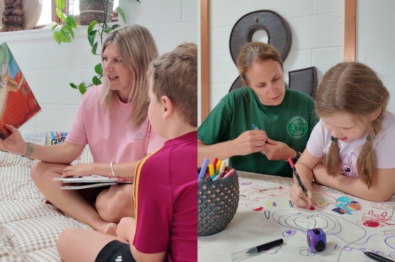 A split image showing two indoor scenes. On the left, Laura sits on a cushioned floor area holding open a picture book and reading to a child who sits nearby. The space has light walls, plants and soft furnishings. On the right, Suz and a child sit at a table covered with colouring sheets and various markers. The child is drawing while the adult assists. Decorative items hang on the wall behind them.